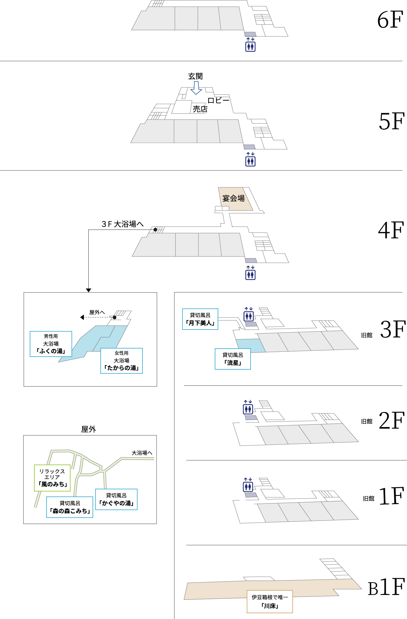 たつた旅館　フロアマップB1F〜6F